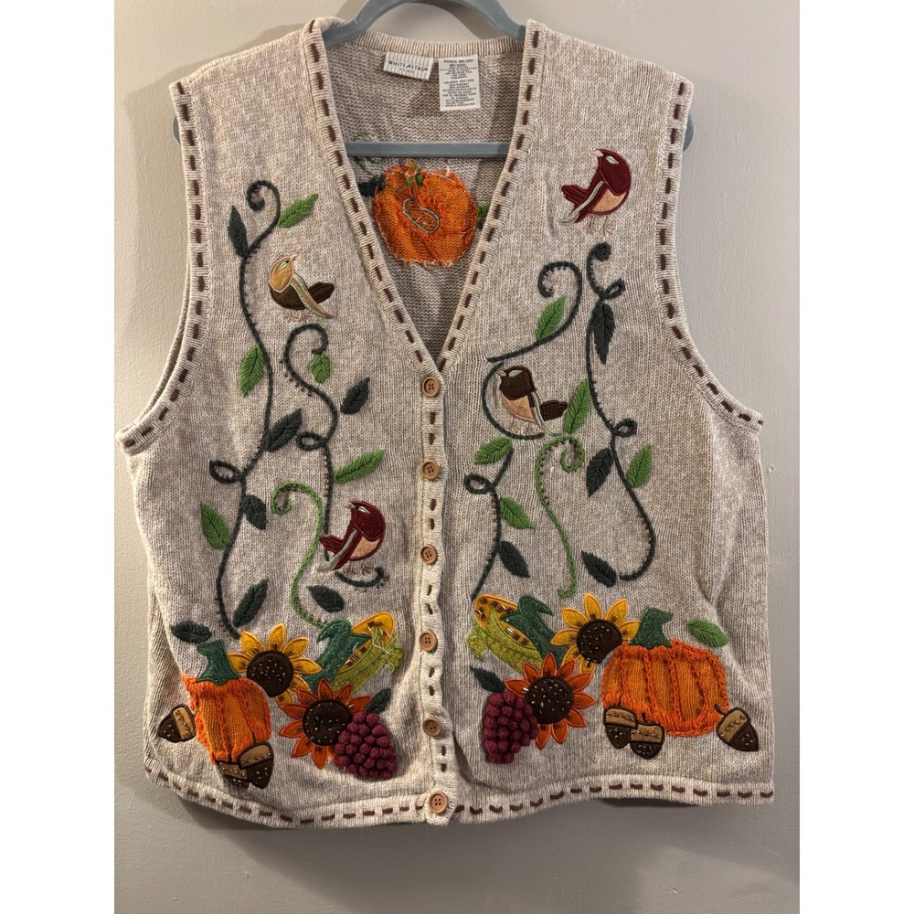 White Stag Oatmeal Beige Embroidered Fall Pumpkin Sweater Vest 18/20
